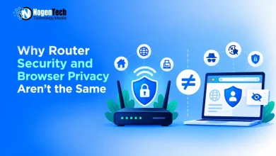 Wi-Fi router with a shield icon separated by a green "not equal" sign from a laptop displaying browser privacy features.