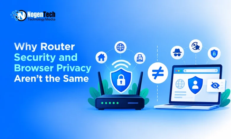 Wi-Fi router with a shield icon separated by a green "not equal" sign from a laptop displaying browser privacy features.