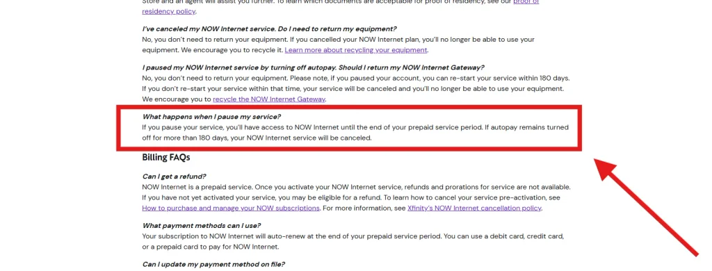 Xfinity NOW Internet FAQ explaining what happens when you pause prepaid internet service