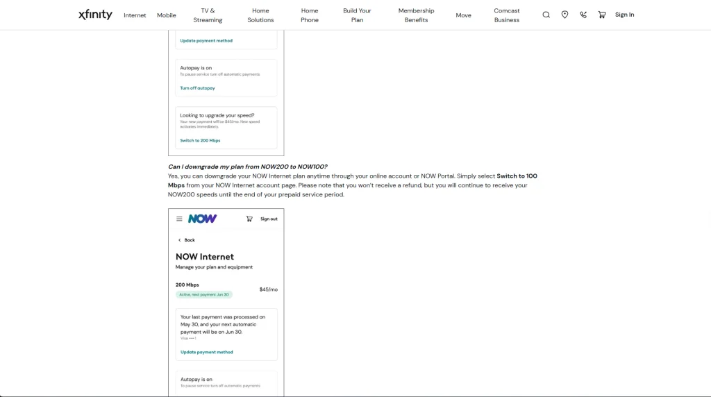 Xfinity NOW Internet portal showing the 200 Mbps plan for $45 per month and plan management options