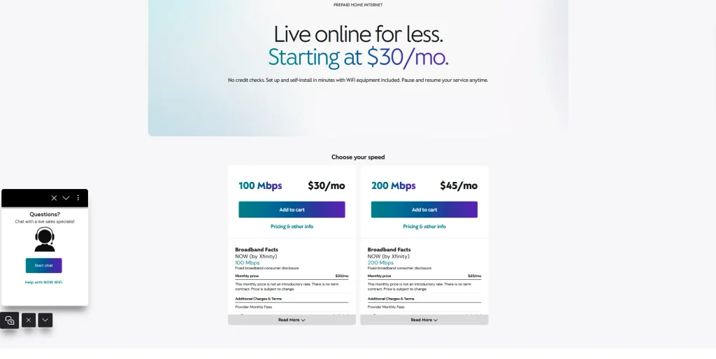 Xfinity NOW Internet page showing NOW100 and NOW200 pricing | Image Credit: Xfinity
