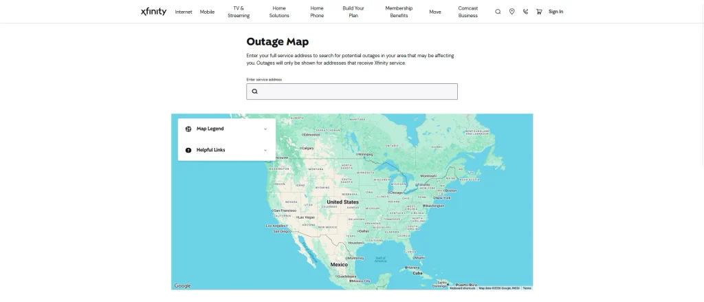 Official Xfinity Outage Map with a service address search box for checking outages in your area
