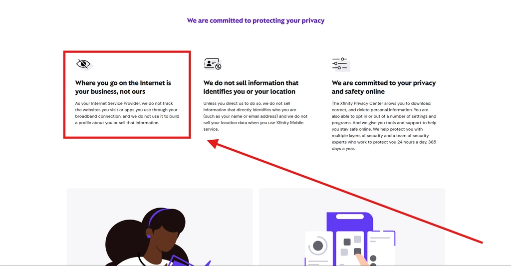 Xfinity's Privacy Center states that the company does not track websites visited or apps used to build browsing profiles or sell that information | Image Source: Xfinity Privacy Center