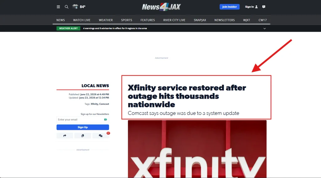 News4JAX report on Xfinity service being restored after a nationwide outage caused by a system update
