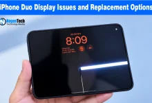 Foldable smartphone display showing a bright horizontal screen glitch line across the crease.
