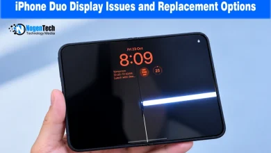 Foldable smartphone display showing a bright horizontal screen glitch line across the crease.