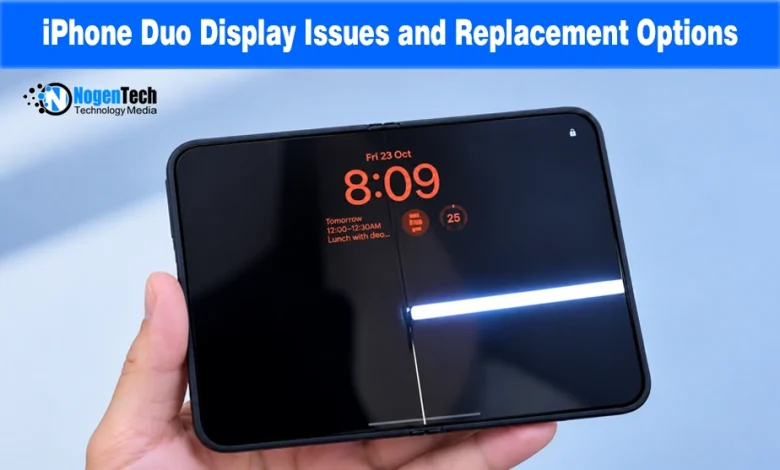 Foldable smartphone display showing a bright horizontal screen glitch line across the crease.