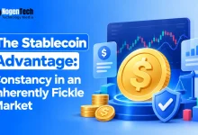Stablecoin advantage illustration featuring a dollar-backed digital coin, market chart, security shield, and financial stability symbols.