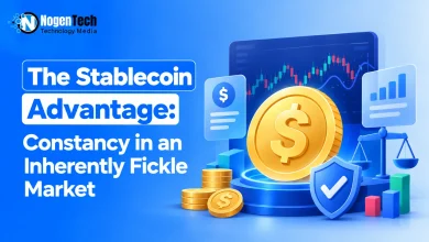 Stablecoin advantage illustration featuring a dollar-backed digital coin, market chart, security shield, and financial stability symbols.