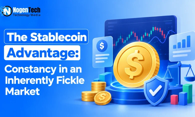 Stablecoin advantage illustration featuring a dollar-backed digital coin, market chart, security shield, and financial stability symbols.