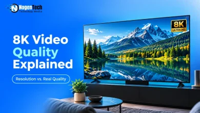 Large 8K Ultra HD television displaying a sharp landscape scene in a living room.